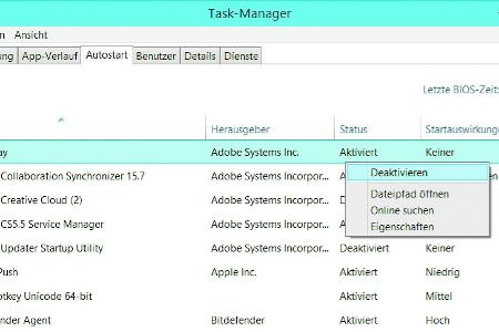 Autostart-Programme können in Windows 8/8.1 und 10 per Task-Manager deaktiviert werden.