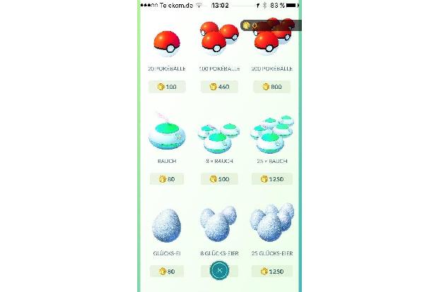 Verschiedene Items lassen sich im Pokémonstore gegen echtes Geld kaufen. So gibt es 100 Pokémünzen für 99 Cent, für 100 Euro...