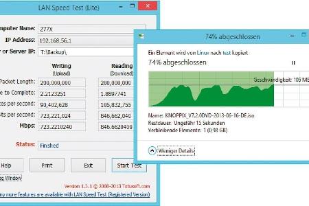 Die Netzgeschwindigkeit messen Sie mit dem Windows-Explorer und alternativ mit Tools wie etwa LAN Speed Test Lite.