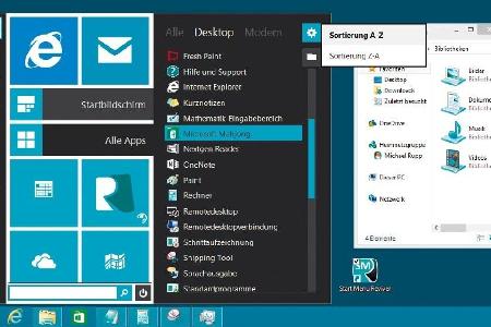 Startmenü mit App-Kacheln: Nach einem Klick auf den neuen Button ganz links auf der Taskleiste kann man in Start Menu Revive...