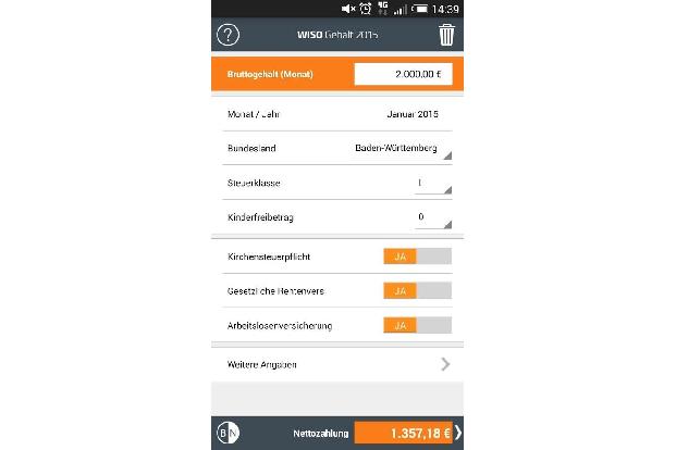 WISO Gehalt 2015 - Mit dieser App können Sie Ihr Gehalt nach Abzügen von Sozialausgaben und Steuern für das Jahr 2015 sowie ...