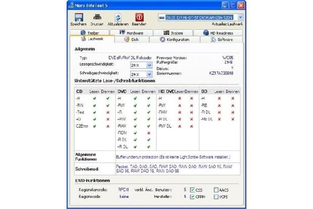 Nero InfoTool - Hiermit erhalten Sie Informationen über die Laufwerke.