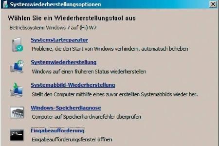 USBWinRE bei Windows 7: Mit diesem Dialog haben Sie Zugang zur Systemsicherung und Systemwiederherstellung. Die Eingabeauffo...