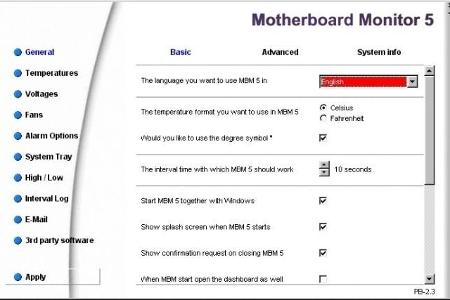 Motherboard Monitor - Mit dem Tool steuern Sie über das Menü am linken Fensterrand die Optionen.