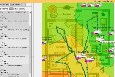 Wohnung kartographieren: Ekahau Heatmapper zeigt die WLAN-Abdeckung in farbigen Bereichen. Gelbe und rote Bereiche empfangen...