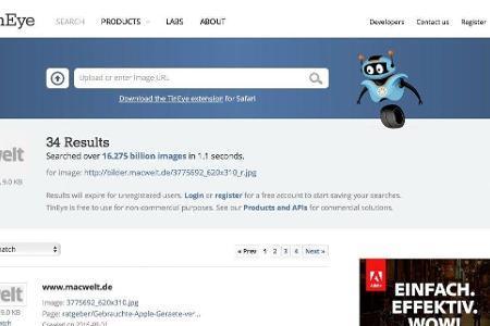 Die Reverse-Suchmaschine TinEye gibt Ergebnisse übersichtlicher als Google aus.
