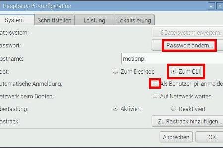 Ändern des Passworts, Deaktivieren der GUI und Deaktivieren der automatischen Anmeldung.