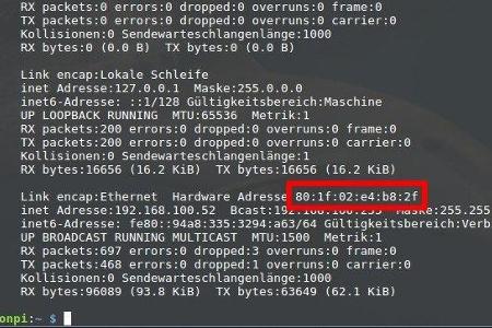 Die Hardware-Adresse wird später unter Umständen benötigt, um dem Raspberry Pi eine feste IP-Adresse zuzuweisen.