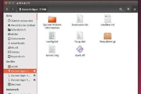 Steckt man SD-Karten in den Kartenleser des Raspberry, sollte der Dateimanager die zum Start notwendigen Dateien anzeigen.