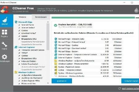 Das Reinigungsprogramm Ccleaner zeigt an, was sich auf dem System löschen lässt. Vor dem Ausführen des Reinigungsvorgangs so...