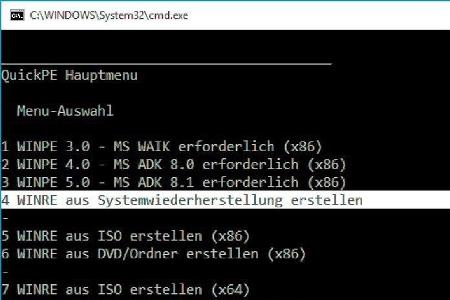 Das Tool Quick PE baut nach Aufruf der Batch-Datei „!RUN_ME.cmd“ ein Windows- Notfallsystem mit zusätzlichen Tools.