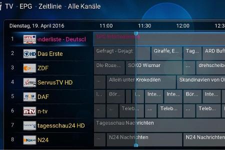 Kodi bietet ebenso wie Live-IPTV einen elektronischen Programmführer (EPG) mit einer Übersicht über das aktuelle Fernsehprog...
