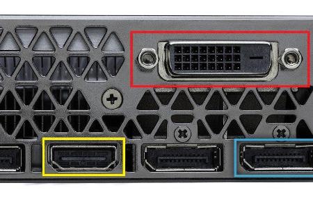 Videoschnittstellen im Überblick: DVI (rot), HDMI (gelb) und Displayport (blau). Der veraltete, analoge VGA-Anschluss ist ni...