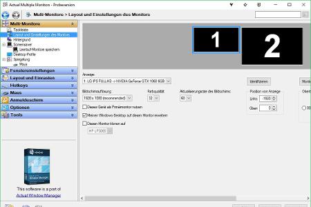Actual Multiple Monitors beinhaltet vergleichbare Funktionen wie Multimonitortool, ermöglicht es aber darüber hinaus, Anzeig...