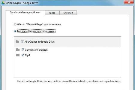 Auswahl der zwischen Rechner und Google Drive zu synchronisierenden Verzeichnisse.