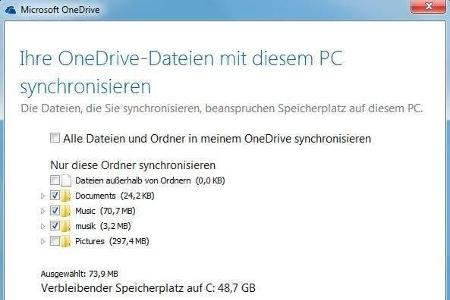 Auch in Microsofts Cloud-Dienst Onedrive lässt sich festlegen, welche Ordner mit dem Windows-Rechner synchronisiert werden s...