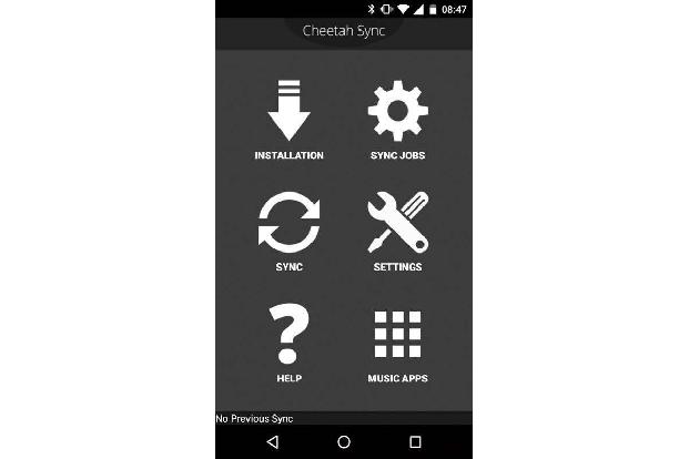 Die Cheetah-Sync-App stellt auf dem Einstiegsbildschirm alle verfügbaren Funktionen übersichtlich dar.