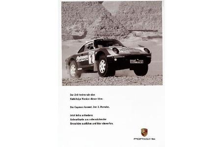 ... sieht eine direkte Verwandschaft zwischen den Safari-Elfern und dem Cayenne, wie diese zeitgenössische Porsche-Werbung m...