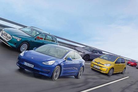 VW e-up, Hyundai Ioniq, DS3 E-Tense, Renault Zoe, Tesla Model 3, Audi e-tron, exterieur
