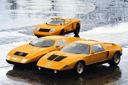 Drei Entwicklungsstufen: Der erste Prototyp (hinten), der Mercedes-Benz C111/I und ganz vorne der C111/II.