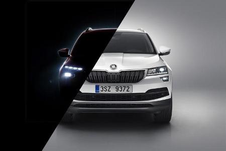 Rechts im Bild sehen Sie den aktuellen Karoq, links das Teaser-Bild des Crossover-Modells. Erkennbar: Die Lage der Tagfahrli...