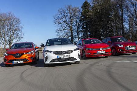 VW Polo 1.0 TSI, Renault Clio Tce 100, Opel Corsa 1.2 DI Turbo, Suzuki Swift 1.0 BJ Hybrid, Exterieur VW Polo 1.0 TSI, Renault Clio Tce 100, Opel Corsa 1.2 DI Turbo, Suzuki Swift 1.0 BJ Hybrid, Exterieur