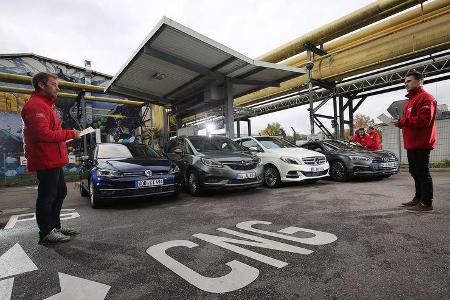 Audi A5 Sportback g-Tron 2.0 TFSI, Mercedes B 200 c, Opel Zafira 1.6 CNG, VW Golf TGI, Exterieur