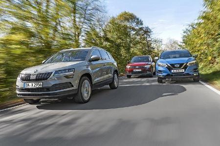 Nissan Qashqai 1.6 DIG-T Tekna+, Skoda Karoq 1.5 TSI ACT Style, VW Tiguan 1.4 TSI ACT Comfortline, Exterieur