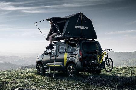 Die Peugeot-Studie 4x4 Concept zeigt das neue Modell Rifter als Camper mit Zeltdach und E-Mountainbike.