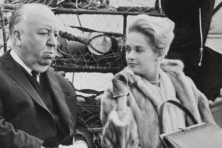 Alfred Hitchcock und Tippi Hedren am Filmset von 