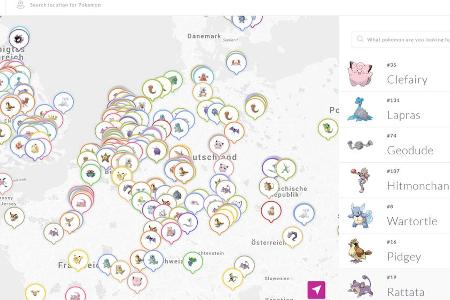 Mit dieser Karte lässt sich nach Wunsch-Ort und Wunsch-Pokémon filtern