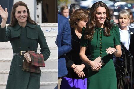 Herzogin Kate in tannengrünem Mantel (l.) und Kleid (r.)