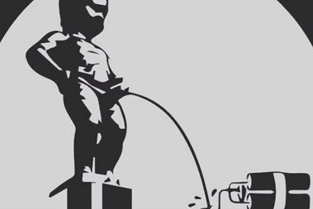 Manneken Pis uriniert auf eine brennende Zündschnur