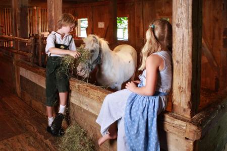 Der Kinderbauernhof lockt mit Traktur fahren, Heuhüpfen und Ponys füttern