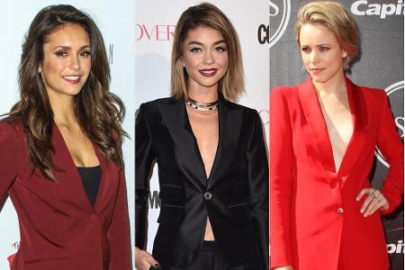 Hosenanzüge sind bei Stars wie (v.l.n.r.) Nina Dobrev, Sarah Hyland und Rachel McAdams ein Hit auf dem roten Teppich