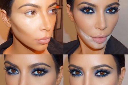 Kim Kardashian in vier unterschiedlichen Schminkstufen