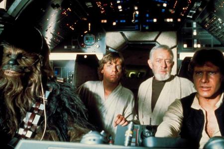 Chewbacca und Obi-Wan Kenobi mit Luke und Han Solo im Cockpit