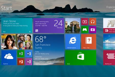 Hier der neue Windows-8.1-Startbildschirm mit einem animierten Hintergrund. Ebenfalls zu sehen ist die neue App 