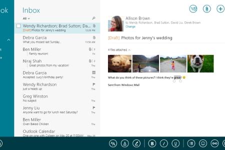 Hier ist die Oberfläche der neuen Outlook-Kachel-App zum Schreiben neuer Mails zu sehen