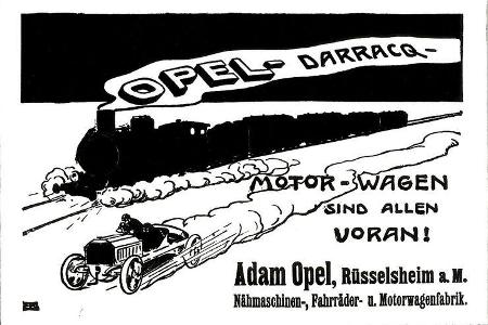 1903: Werbung für den Opel Darracq. Opel stellte die Motorsport-Erfolge schon früh in der Werbung in den Mittelpunkt
