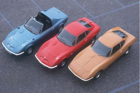 1969: Opel Aero GT 1969, Opel GT 1,9 Liter, 1968-1973 und der Opel Experimental GT von 1965 (von links nach rechts).