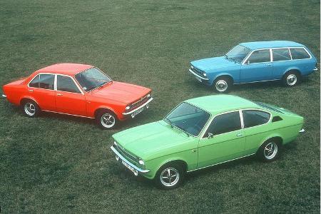 1973: Die drei Karosserievarianten des Opel Kadett C: Limousine, Caravan und Coupé, 1973-1979.