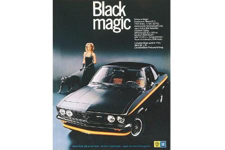 1975: Werbeanzeige für den Opel Manta A, GTE Sondermodell Black Magic. 1,9-Liter-Motor mit 105 PS, 0-100 in 10,5 Sekunden, 1...