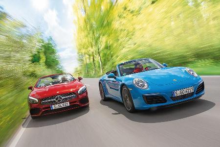 Mercedes SL 400, Porsche 911 Carrera Cabriolet, Frontansicht Mercedes SL 400, Porsche 911 Carrera Cabriolet, Frontansicht