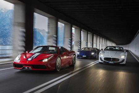 Ferrari 458 Speciale A, Lamborghini Aventador Roadster, Maserati Gran Cabrio MC