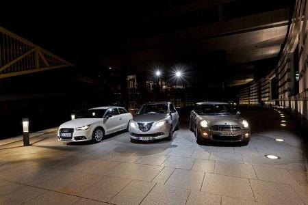 Audi A1 1.2 TFSI, Lancia Ypsilon 0.9 Twinair, Mini One, Front, Scheinwerfer Audi A1 1.2 TFSI, Lancia Ypsilon 0.9 Twinair, Mini One, Front, Scheinwerfer