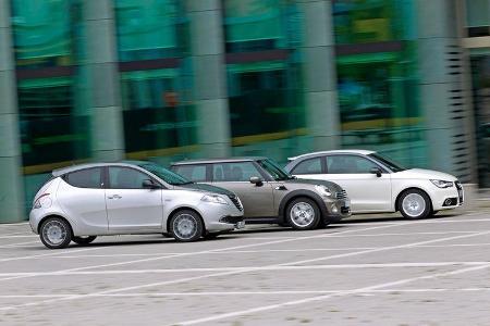 Audi A1 1.2 TFSI, Lancia Ypsilon 0.9 Twinair, Mini One, Seitenansicht
