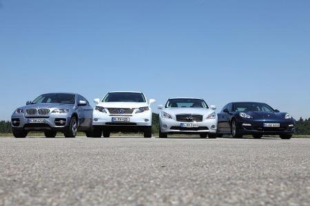 Lexus RX 450h, Infiniti M35h, Porsche Panamera S Hybrid, BMW X6 Active Hybrid, Front