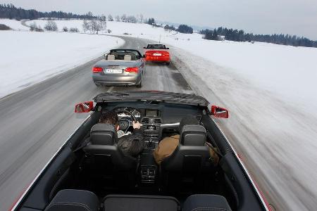 Mercedes E 350 Cabriolet, BMW 335i Cabriolet, Audi Cabriolet 3.0 TFSI Quattro, Draufsicht