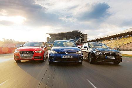 Audi S3 Sportback, BMW M135i xDrive, VW Golf R, Frontansicht